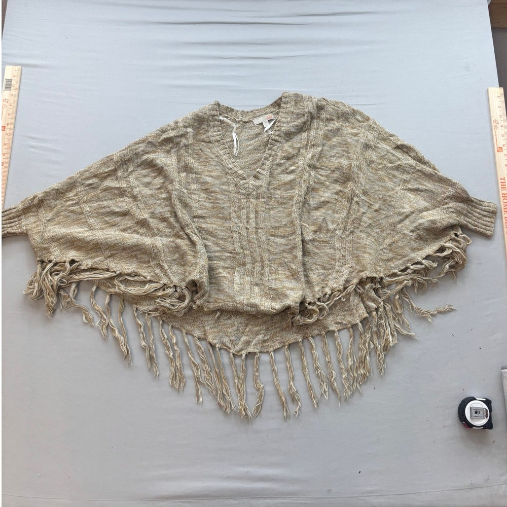 GB Gianni Bini Tan Marled Cable Knit Fringe Poncho Sweater V-Neck XS